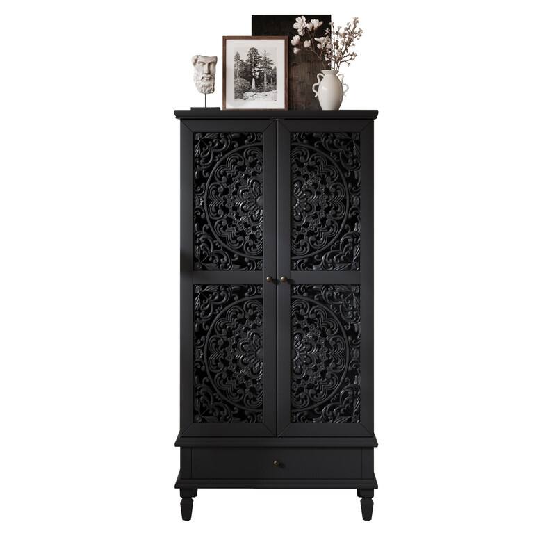 Rustic 55" Tall Storage Cabinet with Drawer, Decorative Carved Wood Accent for Living Room or Dining Area