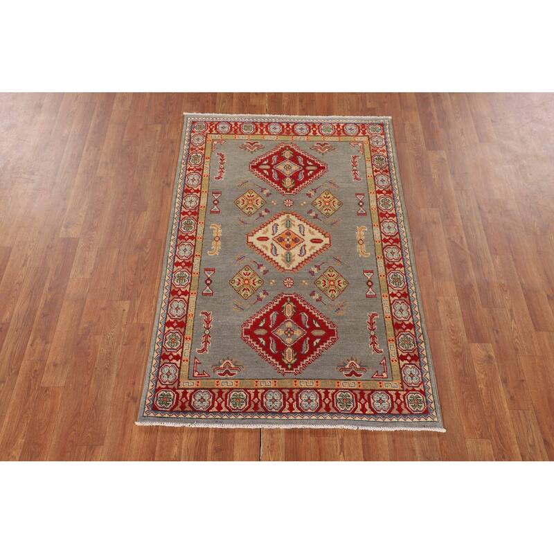 Geometric Kazak Accent Rug Hand-Knotted Oriental Wool Carpet - 3'3" x 5'0"