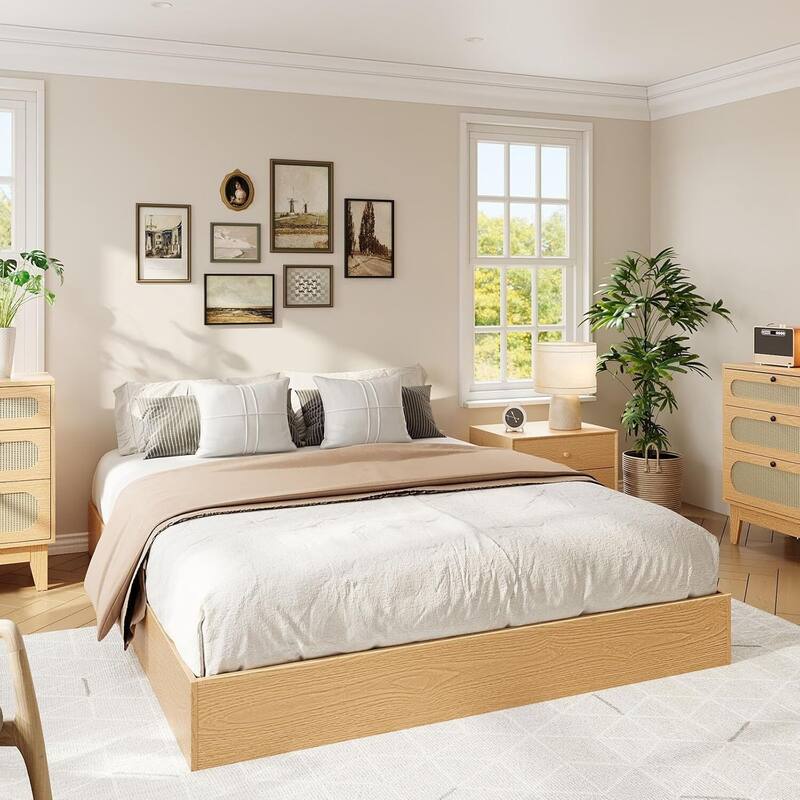 Space-Saving Sturdy Floor-Standing Platform Bed Frame, No Box Spring Needed, Pine Wood - Queen