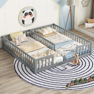 Double Twin Floor Bed with Fence, Guardrails,Without Door