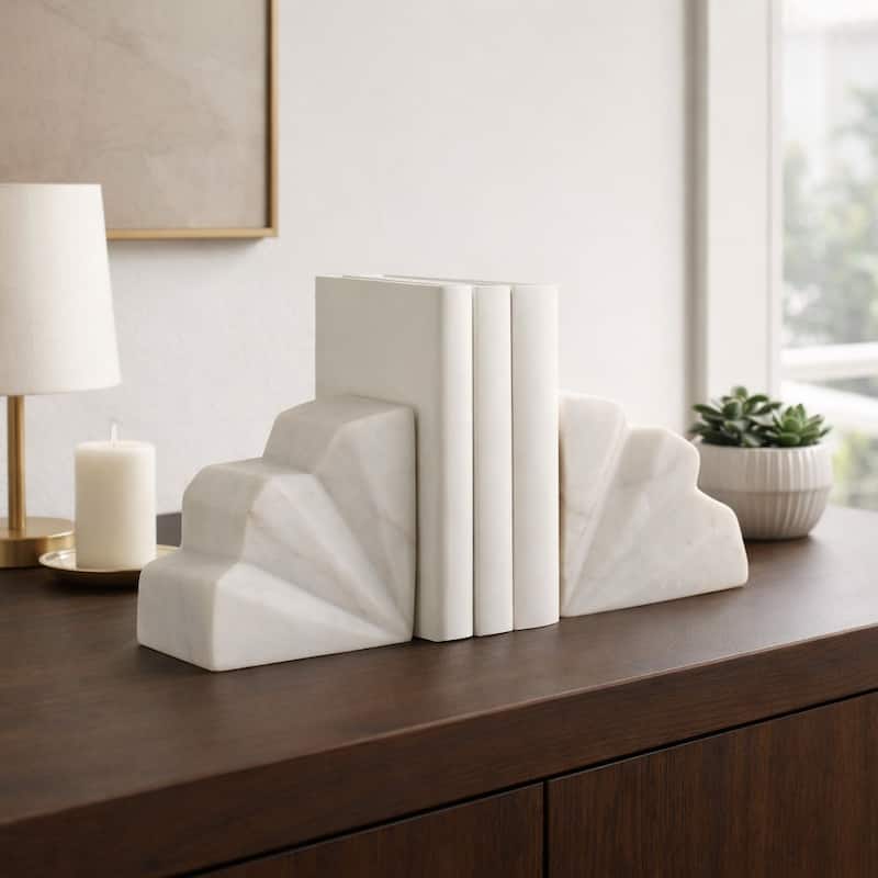 Marble Semi Circle Fluted Bookends Set of 2 - White, 5" - 5.25"
