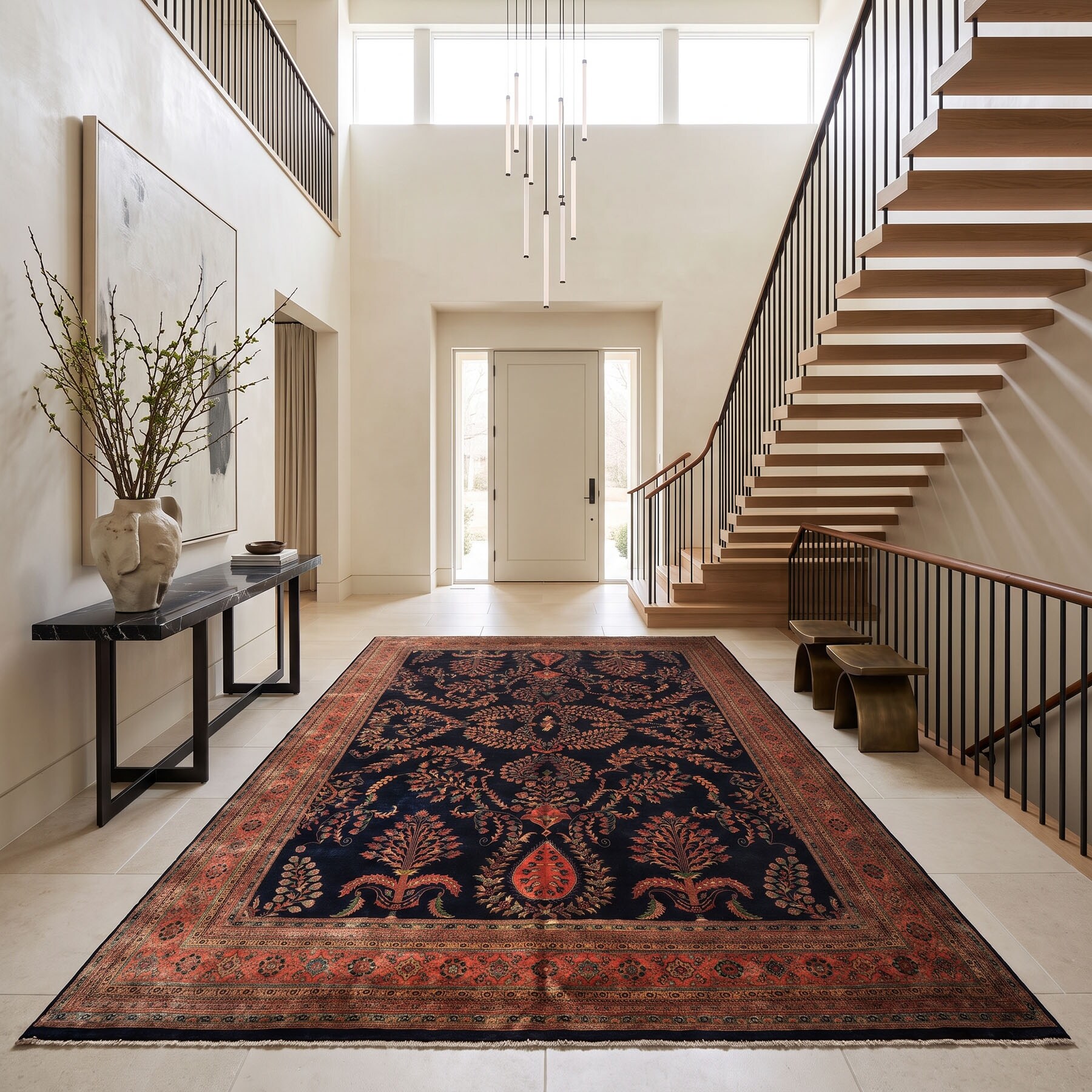14'6''x19'8'' Royal Blue Rose Wool Hand Knotted Rug - 14' 6'' x 19' 8''