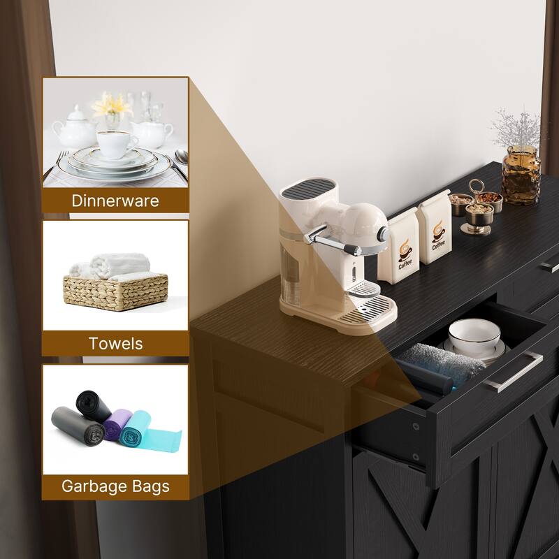 Kitchen Wooden Double Tilt Out Trash Can Cabinet with 2-Drawer Fits 10-Gallon Trash Cans