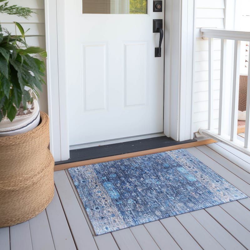 Machine Washable Indoor/ Outdoor Traditional Border Chantille Rug - Navy - 1'8" x 2'6"
