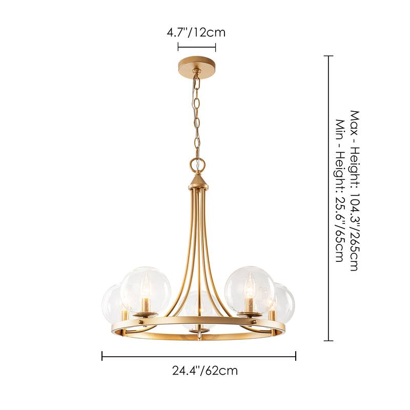 24.4" W 5-Light Mid-Century Modern Gold Wagon Wheel Ring Chandelier with Seeded Glass Globe Shades for Living & Dining Room