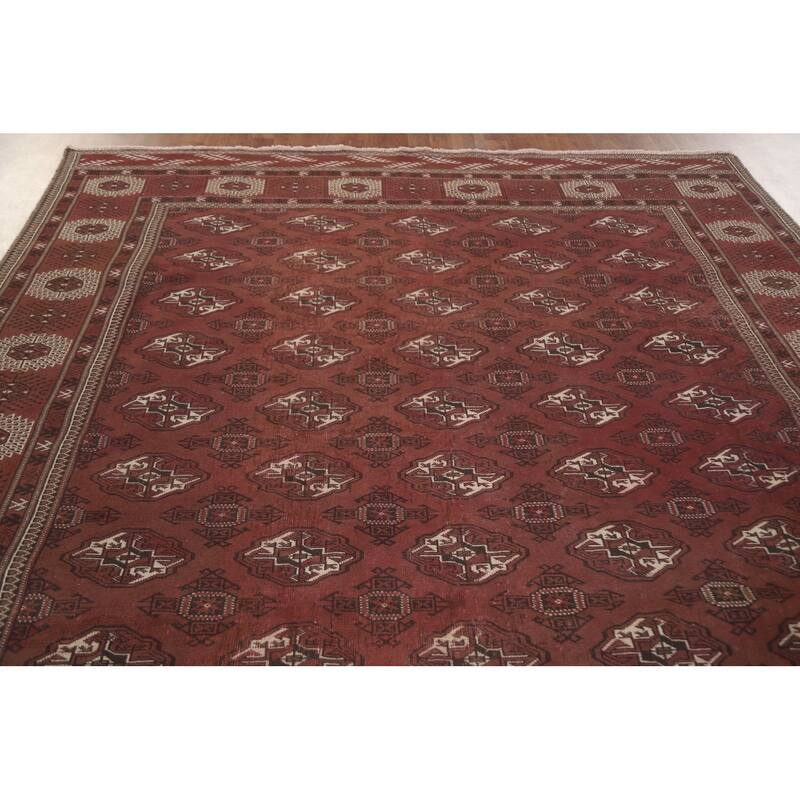 Hand Knotted Oriental 100% Wool Carpet Traditional All-Over Red Bokhara Area Rug - 12' 3'' X 8' 0''