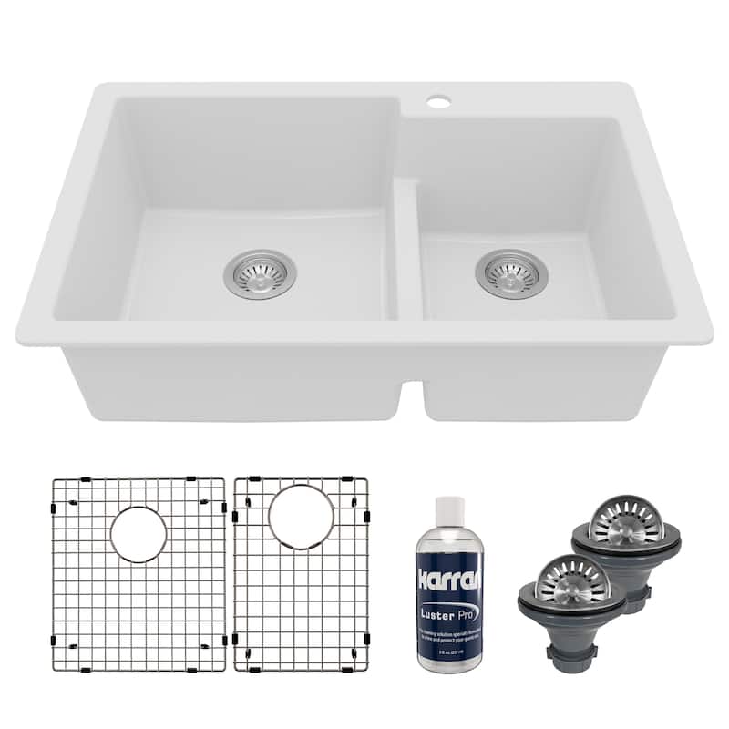 Karran 33" Top Mount Large/Small Bowl Quartz Kitchen Sink Kit - 33" x 22" x 9" - White