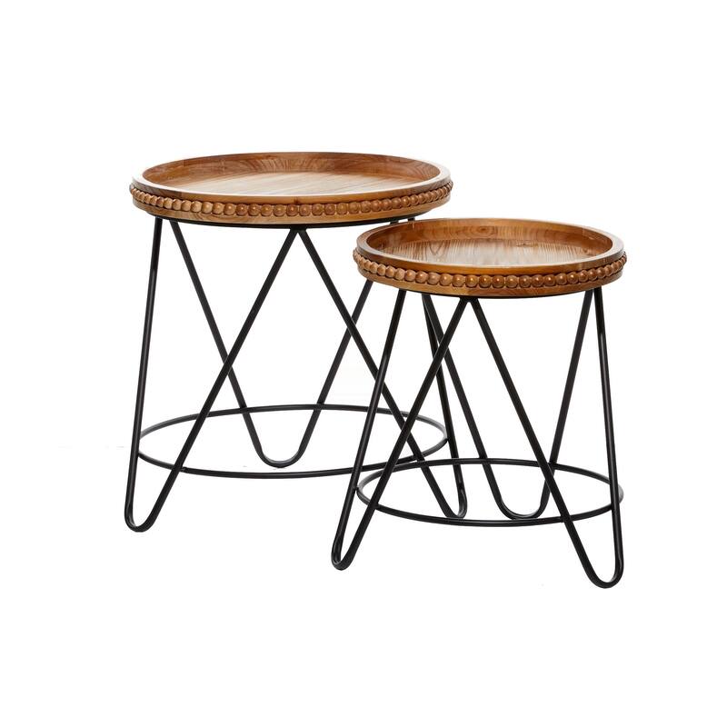 Metal Beaded Accent Table with Brown Wood Tops - Set of 2 Black - Roche River Decor