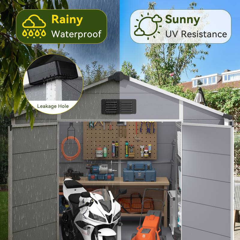 EROMMY Outdoor Storage Shed with Built-In Floor, Lockable Double Doors & Sloped Roof, Gray/Black