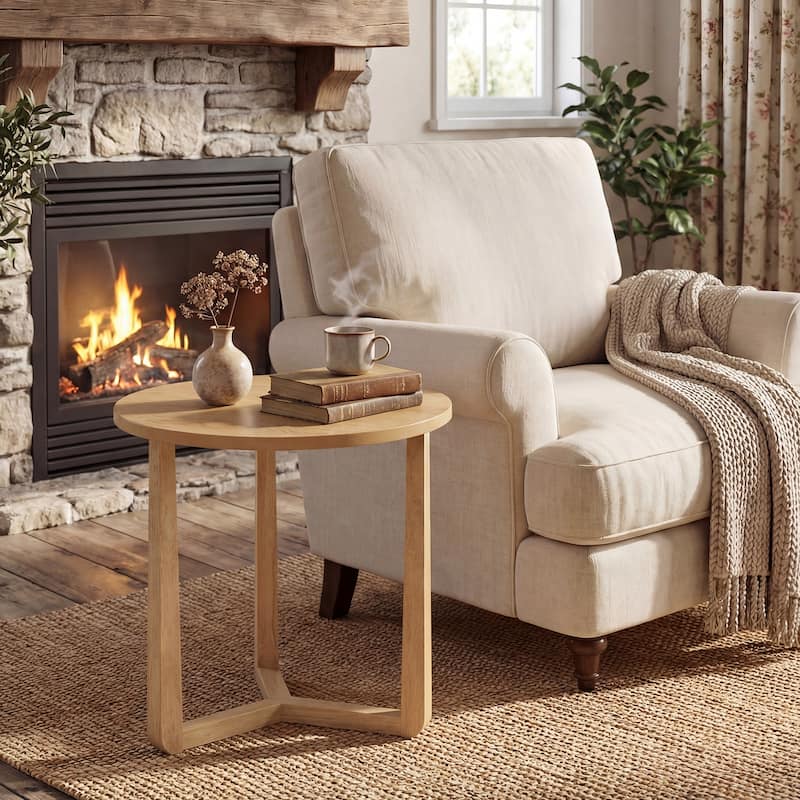 Gymax 2PCS Round Side Table w/Sturdy Rubber Wood Legs Triangular