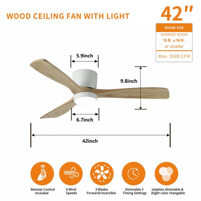 42 inch White Wood Ceiling Fans with Lights and Remote, Modern Flush Mount Low Profile Ceiling Fan with Light, 6 Speed