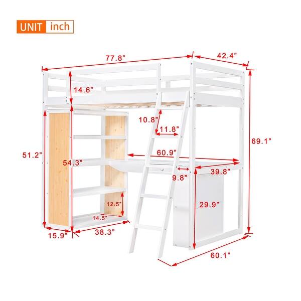 dimension image slide 0 of 2, Wooden Twin Size Loft Bed Frame with L-shaped Desk, Multi-layer Shelves, Drawers, Oleophobic Board, Ladder, Guardrails