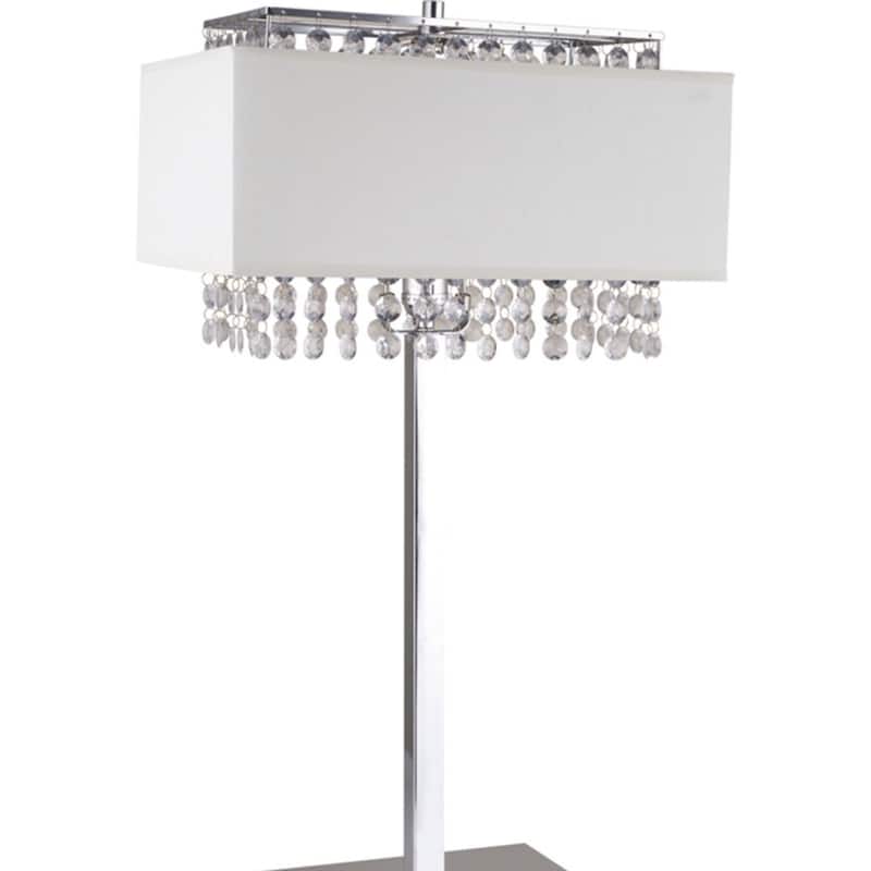 28" Tall Metal Table Lamp w/ Silver finish, White Shade w/ Crystal Accents