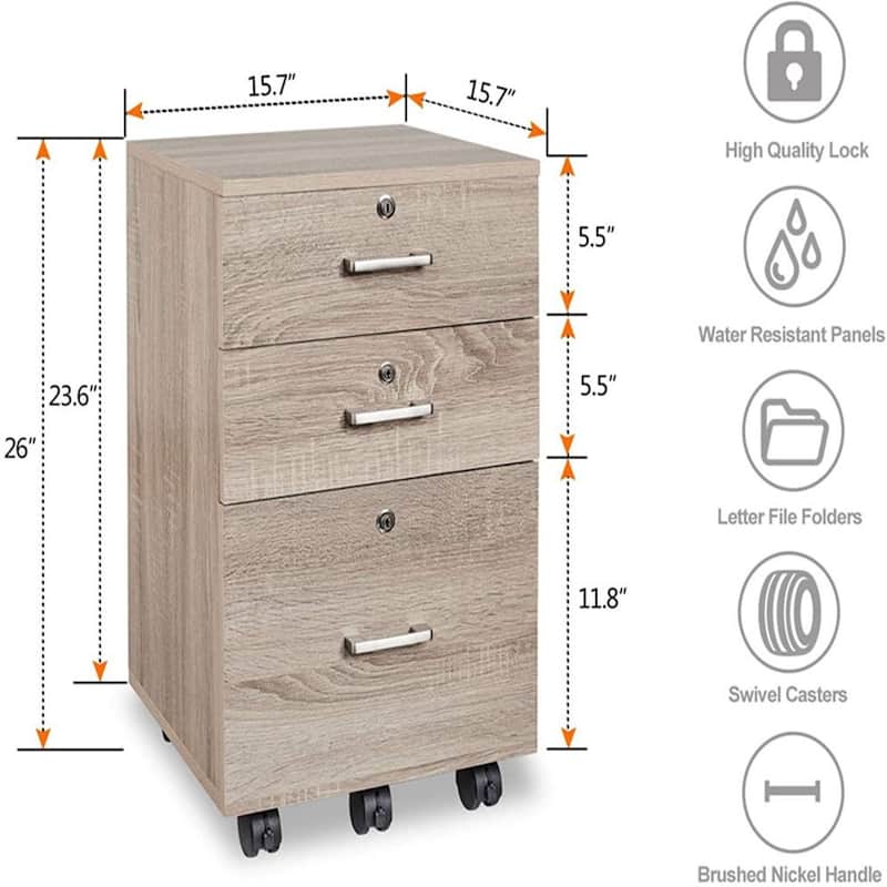Zimtown 3-Drawer Rolling Wood File Cabinet with Lock
