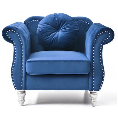 Solid Velvet Tufted Accent Chair with Round Pillow - 39" - Blue