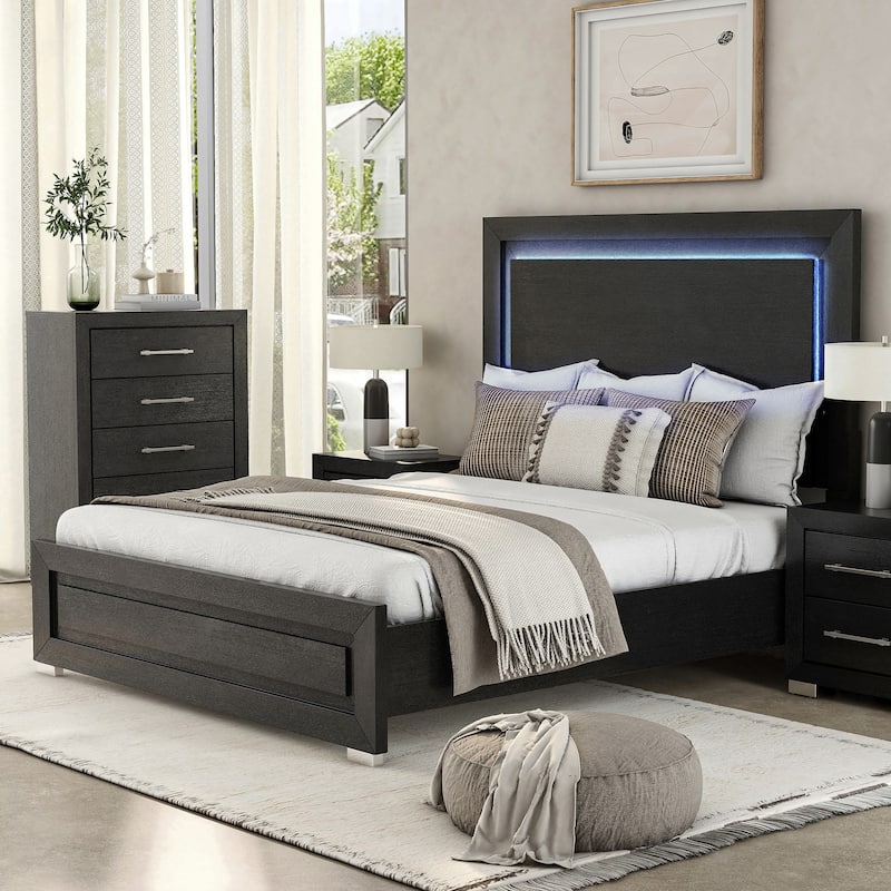 Furniture of America Alaric Modern Black Solid Wood Panel Bed with LED Light Headboard - King