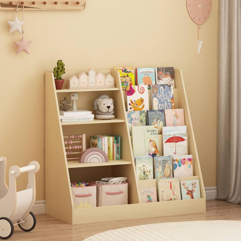 Anmytek Kids Bookcase Large Capacity Trapezoid Bookshelf Eco Friendly Wood Toy Storage Organizer Cabinet