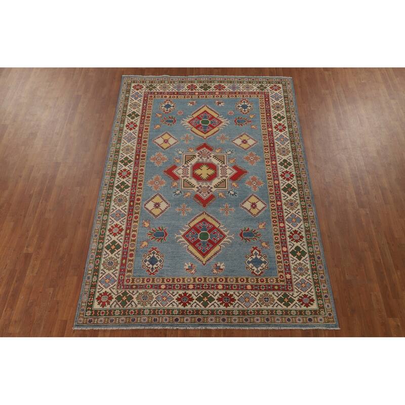 Blue Geometric Kazak Area Rug Hand-Knotted Traditional Wool Carpet - 6'8" x 9'9"