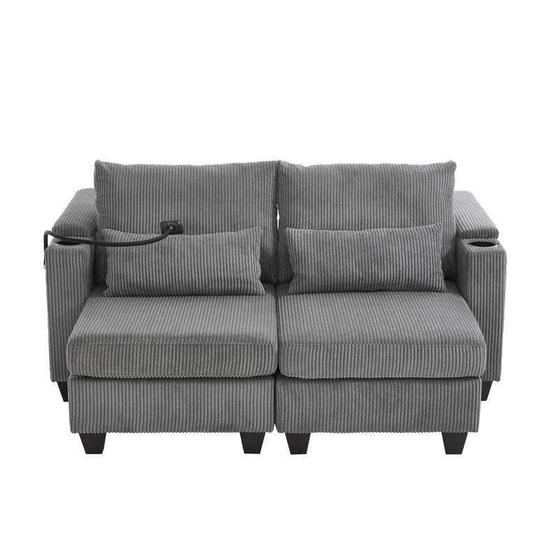 Sofa Chair with Armrests, 2-in-1 Corduroy Loveseat & Chaise Lounge, Sofa Bed Sleeper Sofa with Cup Holders & Side Pockets