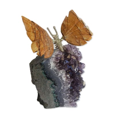 NOVICA Handmade Earthen Wings Jasper And Amethyst Gemstone Figurine (Brazil) - 3.1" H x 2.8" W x 2" D