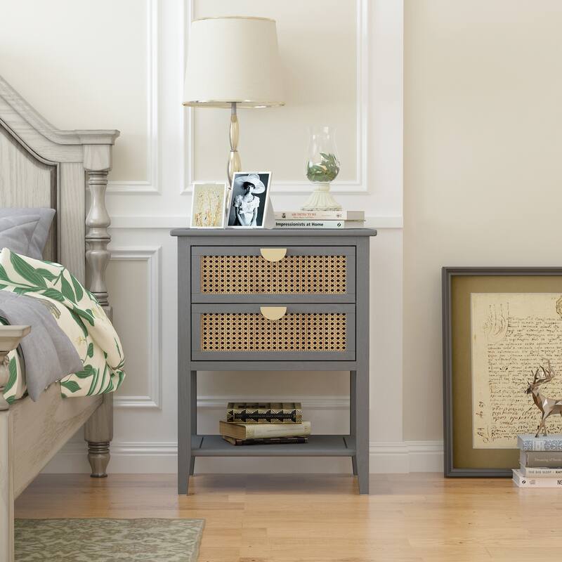 2 Drawer Side table, Naturel Rattan, End table, Suitable for bedroom, living room, study - Grey