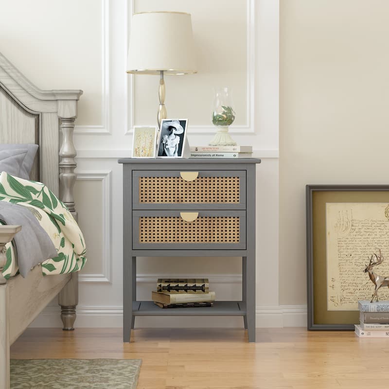 2 Drawer Side table,Naturel Rattan,End table,Suitable for bedroom, living room, study - Gray