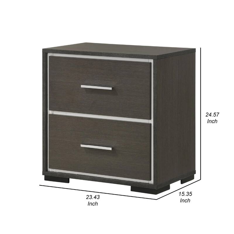 Hez Nightstand, 2 Drawers, Silver Trim, Modern Dark Brown Finish