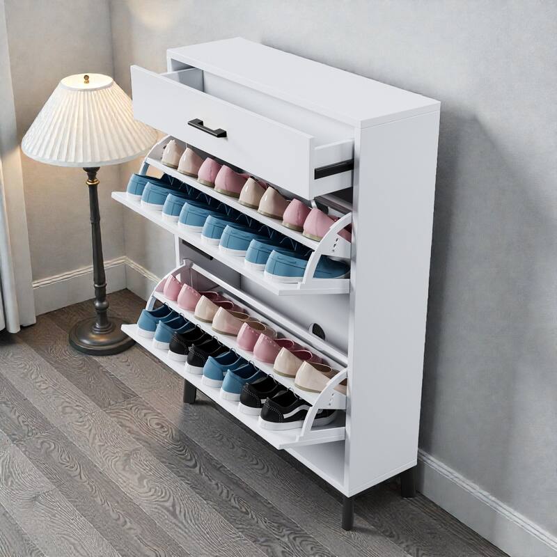 Shoe Storage Cabinet with 2 Flip Drawers, Freestanding Hidden Shoe Organizer with Metal Legs for Entryway