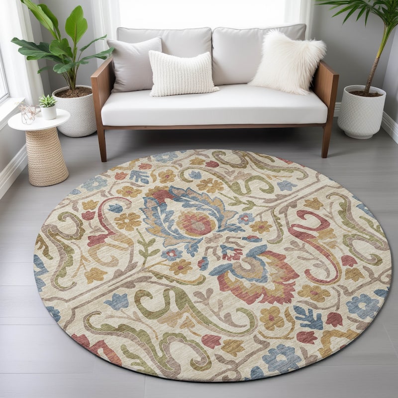 Machine Washable Indoor/Outdoor Floral Watercolor Chantille Rug
