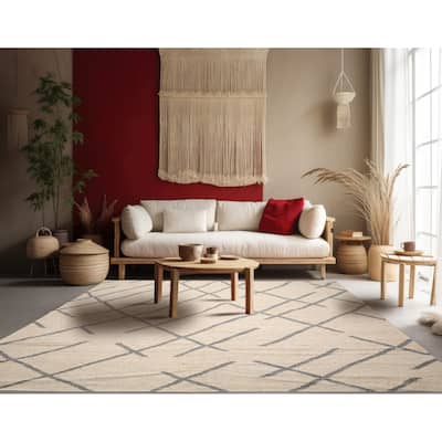 LoomBloom Oatmeal Wool Oriental Rug with Multi Size Flatweave Design