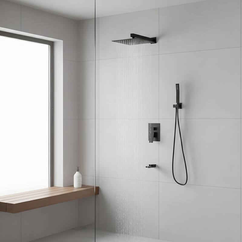 Minimalist Wall Mounted Dual Shower Head Shower Set - 12" - Matte Black