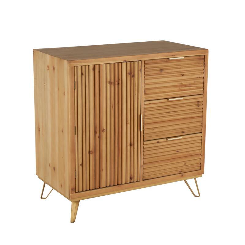 Wooden Ribbed 1 Door and 3 Drawer Cabinet with Gold Metal Handles - Brown - Roche River Decor - 20"W x 36"L x 36"H