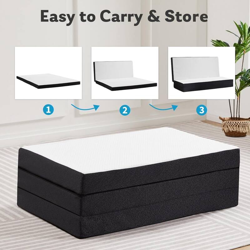 Folding Mattress, 3 inch Tri-Fold Memory Foam Mattress Topper for Camping, Foldable Guest Bed, Washable Cover