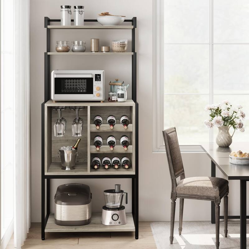 Bakers Rack for Kitchen, Kitchen Microwave Stand with Wine Rack and Glass Holder