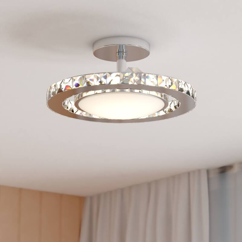 Clara 12.25-in W Integrated LED Satin Nickel Crystal Glam Semi Flush Mount Ceiling Light - 12.25-in W x 6.25-in H x 12.25-in D - Brushed Nickel - 12.25-in W x 6.25-in H x 12.25-in D