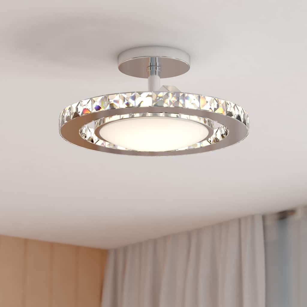 Clara 12.25-in W Integrated LED Satin Nickel Crystal Glam Semi Flush Mount Ceiling Light - 12.25-in W x 6.25-in H x 12.25-in D