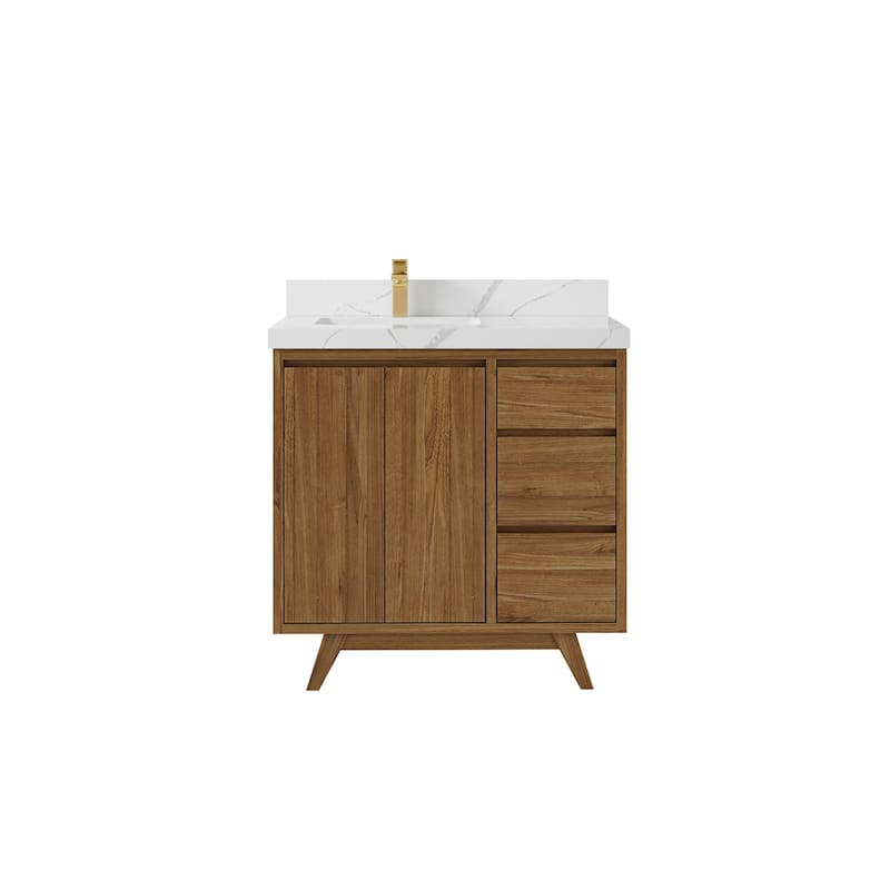 Willow Collections 36 in. W x 22 in. D Madison Teak Left Offset Sink Bathroom Vanity with Countertop - 2"Calacatta Laza - Gold Teak