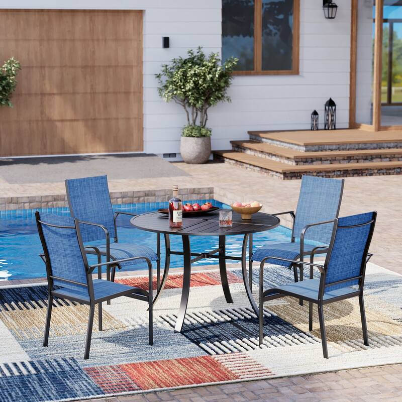 Patio Dining Set, Outdoor Dining Table and Chairs Set with Textilene Chairs, Adjustable Umbrella Hole for Garden, Backyard