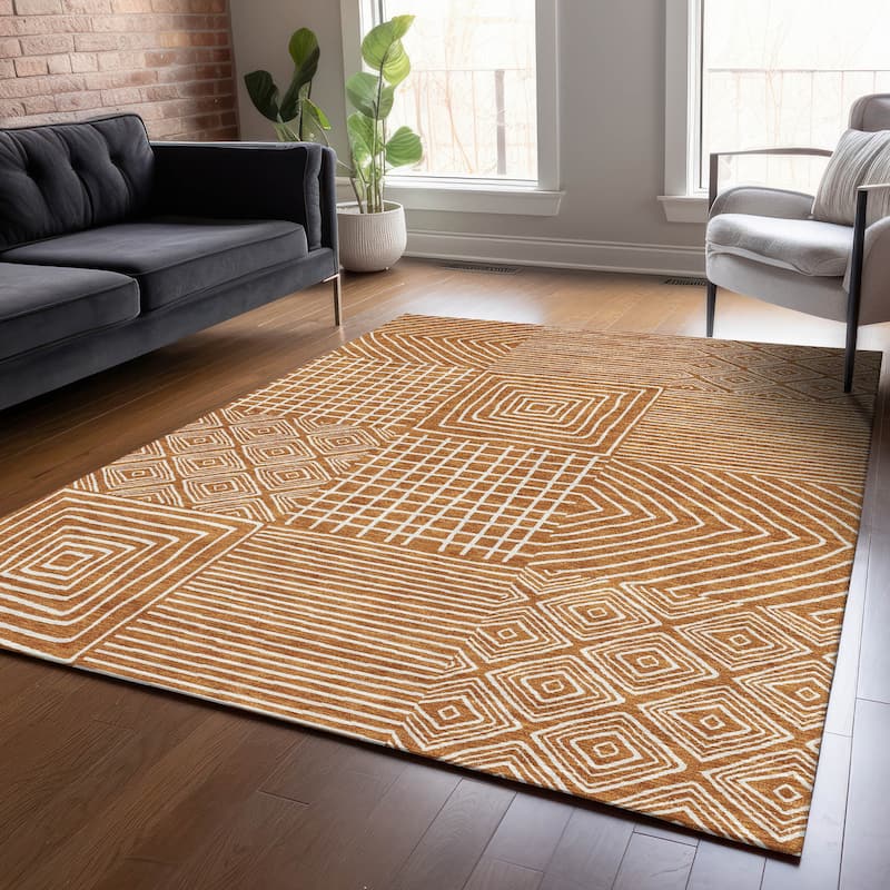 Machine Washable Indoor/ Outdoor Modern Mosaic Chantille Rug - Paprika - 9' x 12'