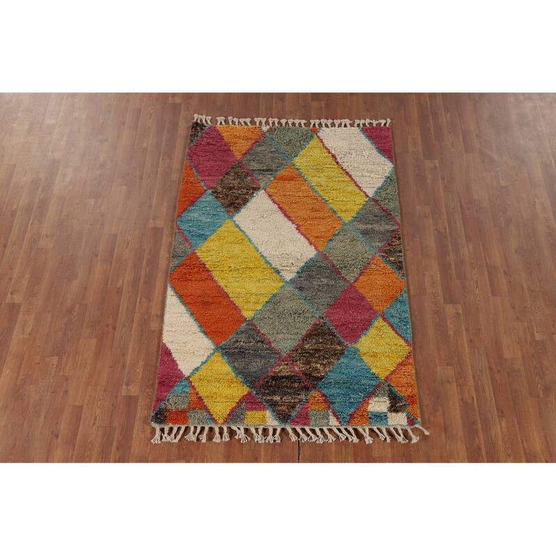 Hand Knotted Oriental 100% Wool Carpet Modern All-Over Multi-Colored Moroccan Area Rug - 6' 3'' X 4' 0''
