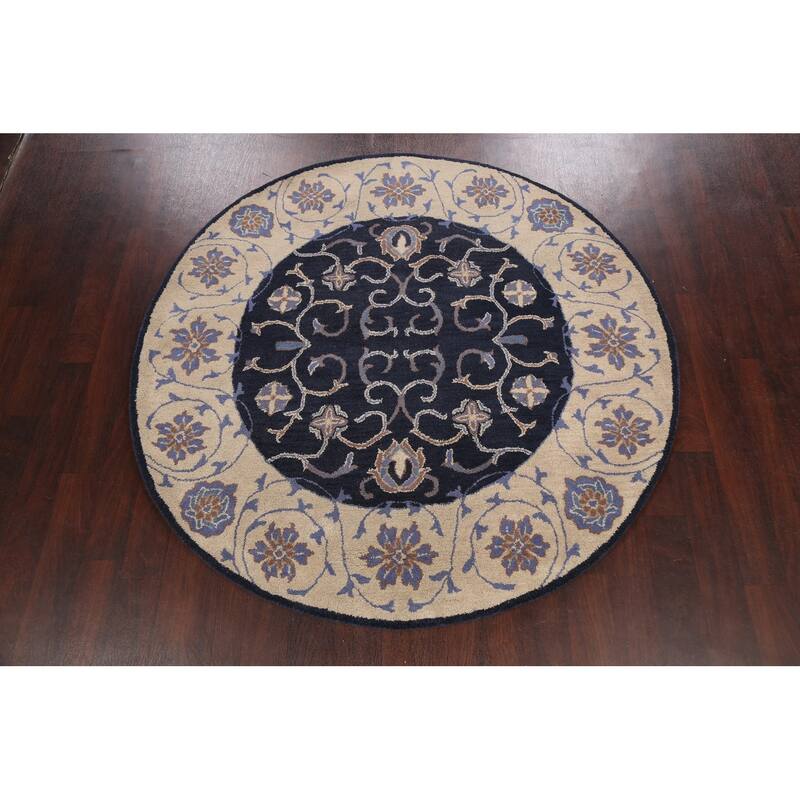 Floral Traditional Oriental Office Area Rug Hand-tufted Wool Carpet - 6'0" x 6'0" Round