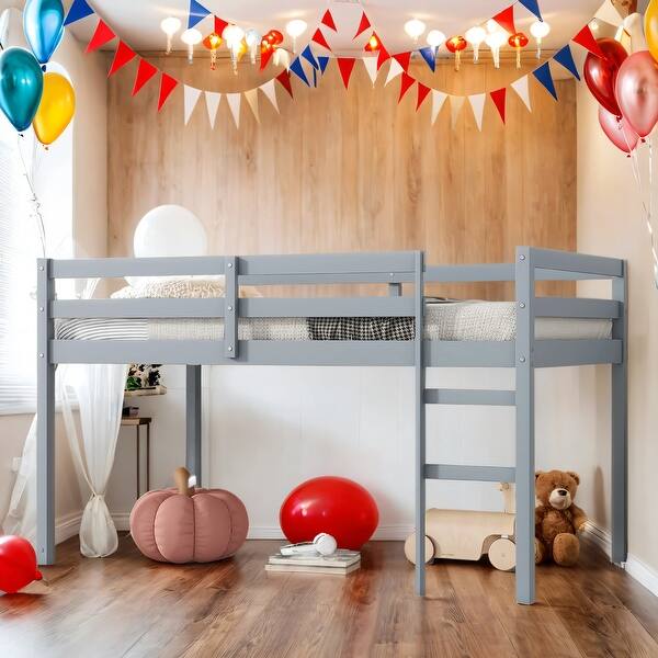 slide 2 of 47, Wooden Low Height Twin Size Loft Bed with Ladder,Strengthened Slats for Bedroom For Home Grey