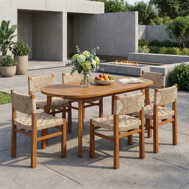 Christopher Knight Home - Tsuneko 7-Piece Outdoor Acacia Wood Dining Set with Woven Wicker Chairs & 70" Oval Dining Table - Light Grey+Teak Finish