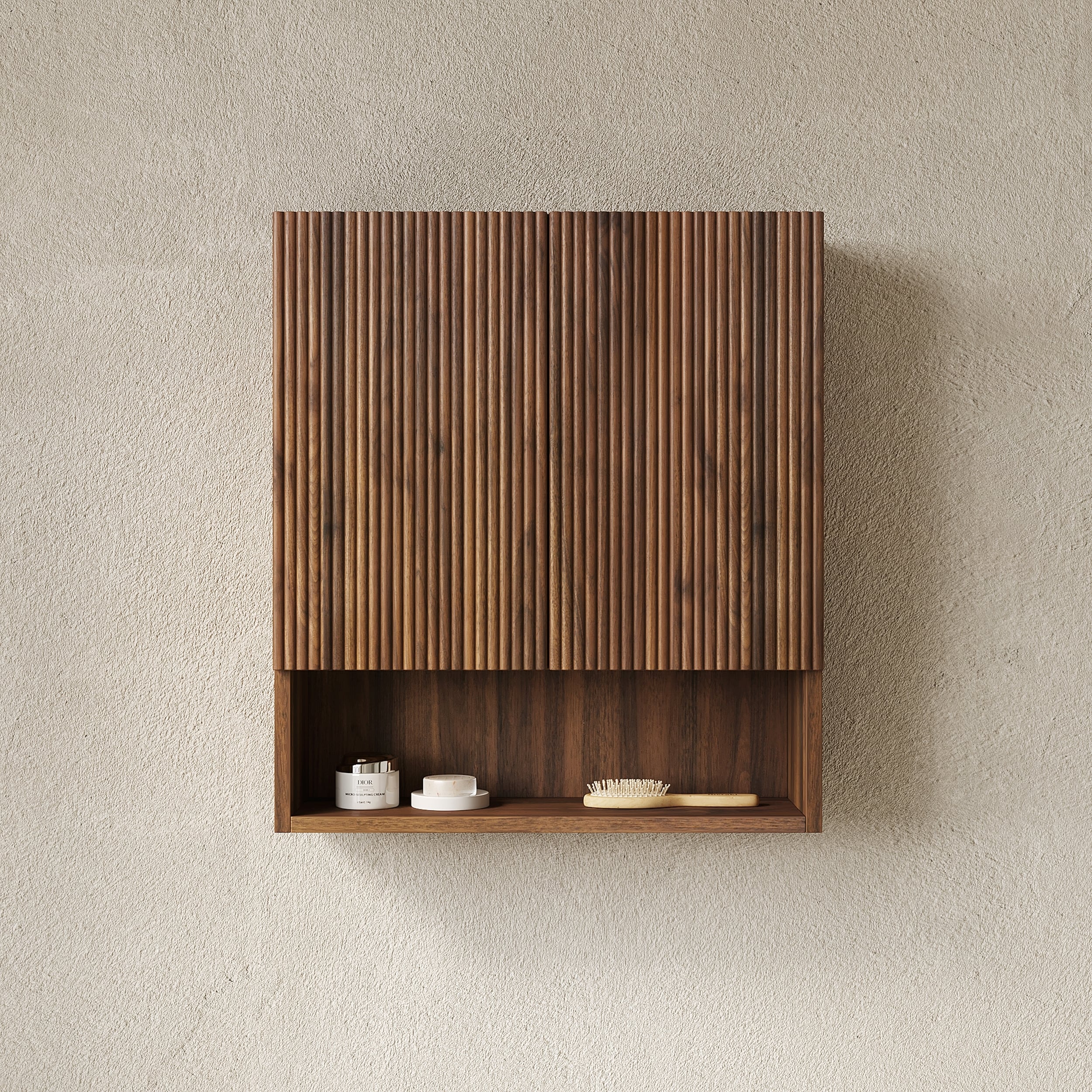 Wall-Mounted Striped Bathroom Cabinet with Doors, Shelf, and Open Storage for Efficient Organization