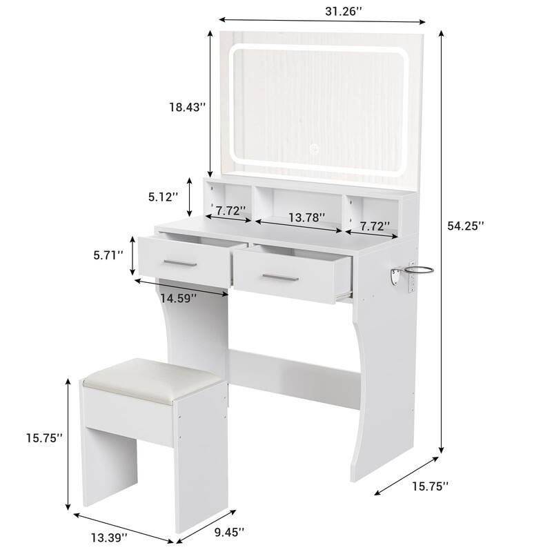 Makeup Table Set with 2 Drawers, Open Shelves, Charging Station & Stool