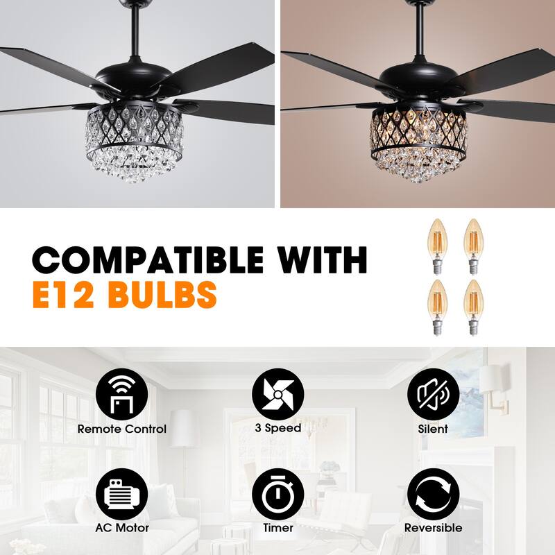 Modern 52-inch Black 5-Blade Crystal Ceiling Fan with Remote - 52 Inches