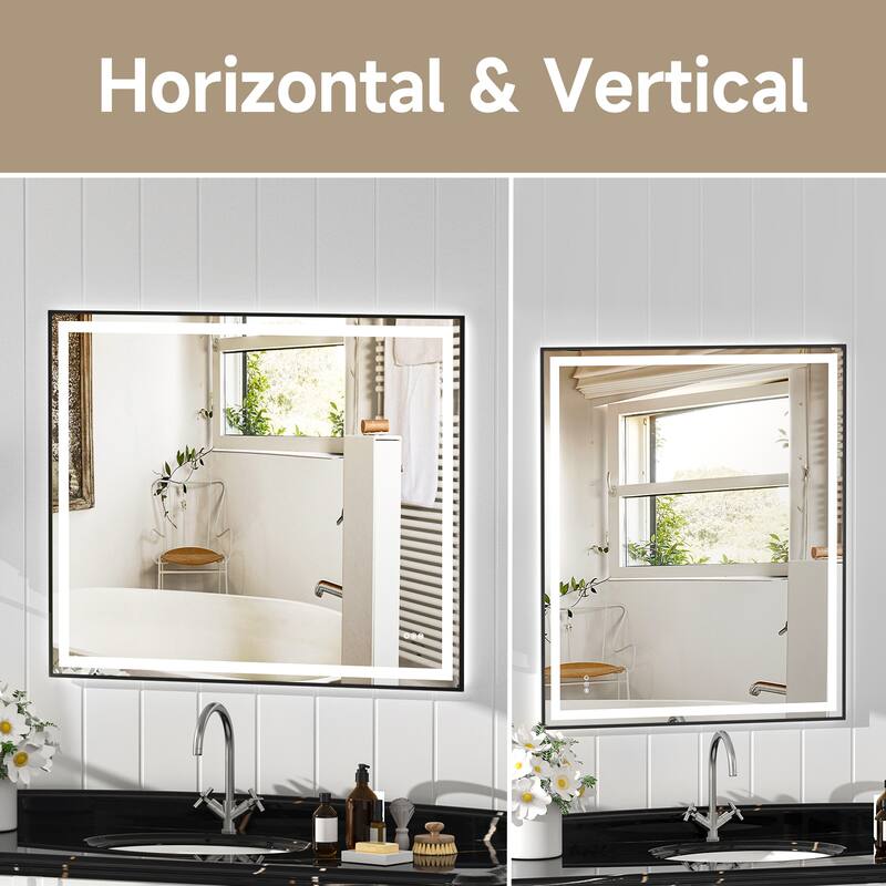 Black-Silver Tempered Glass LED Vanity Mirror with Dual Lights & Anti-Fog - 48” W x 40” H
