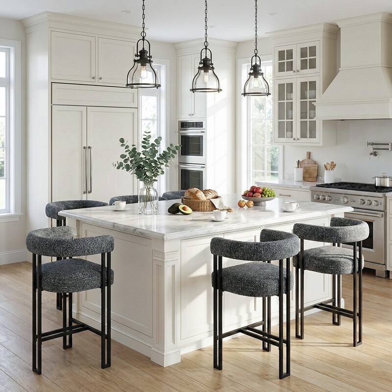 24" Seat Height Upholstered Tweed Solid Back Counter Stool(Set of 6) - Black