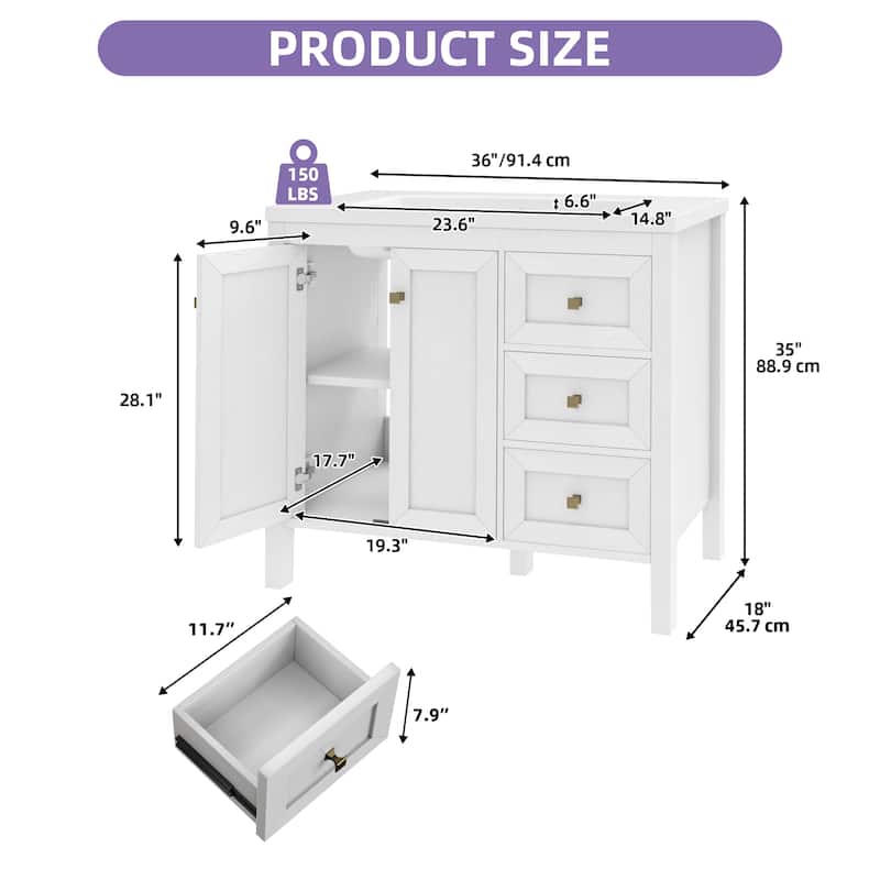 Moasis 36"/42" Bathroom Vanity with Sink Set and 2 Soft-Closing Doors & 3 Drawers - 36 Inch - White