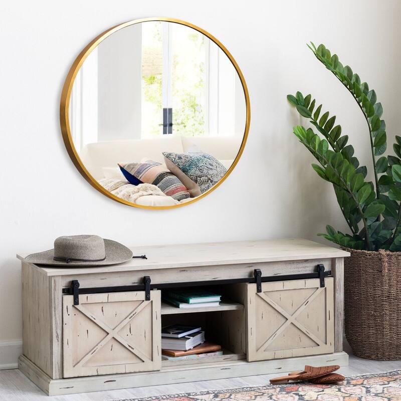 Classic Round Accent Bathroom Mirror Metal Frame Hanging Wall Mounted Circle Mirror for Wall Decor Vanity Entryway Living Room